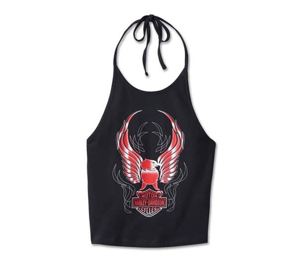 HARLEY-DAVIDSON WOMENS CRIMSON BIRD CROPPED HALTER NECK TANK