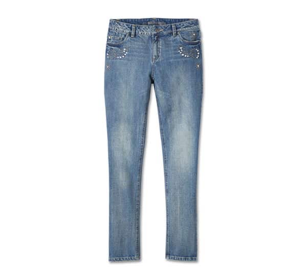 HARLEY-DAVIDSON WOMENS STUDDED OUT EMBELLISHED DENIM BOTTOMS