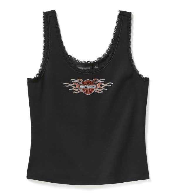 HARLEY-DAVIDSON WOMENS VINTAGE FLAMES BLING LACE TRIM TANK