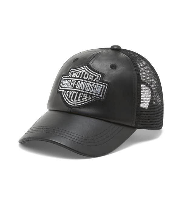 HARLEY-DAVIDSON WOMENS BLING BAR & SHIELD LEATHER TRUCKER CAP