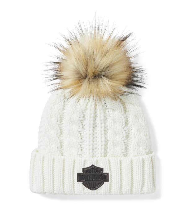 HARLEY-DAVIDSON WOMENS LEATHER PATCH POM BEANIE