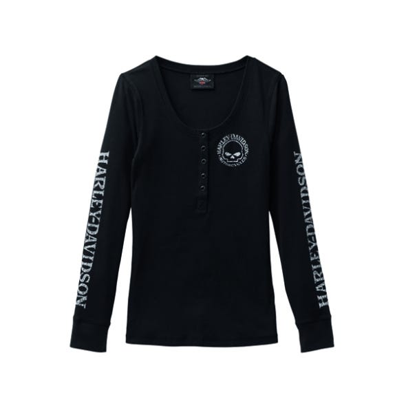 HARLEY-DAVIDSON WOMENS SKULL SNAP FRONT LONG SLEEVE HENLEY BEAUTY