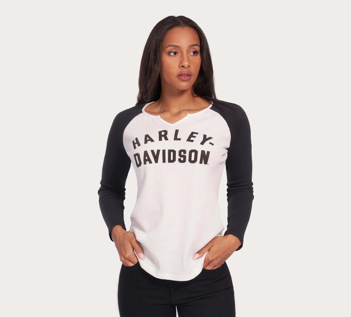 HARLEY-DAVIDSON WOMENS HALLMARK THERMAL KNIT TOP - COLORBLOCKED