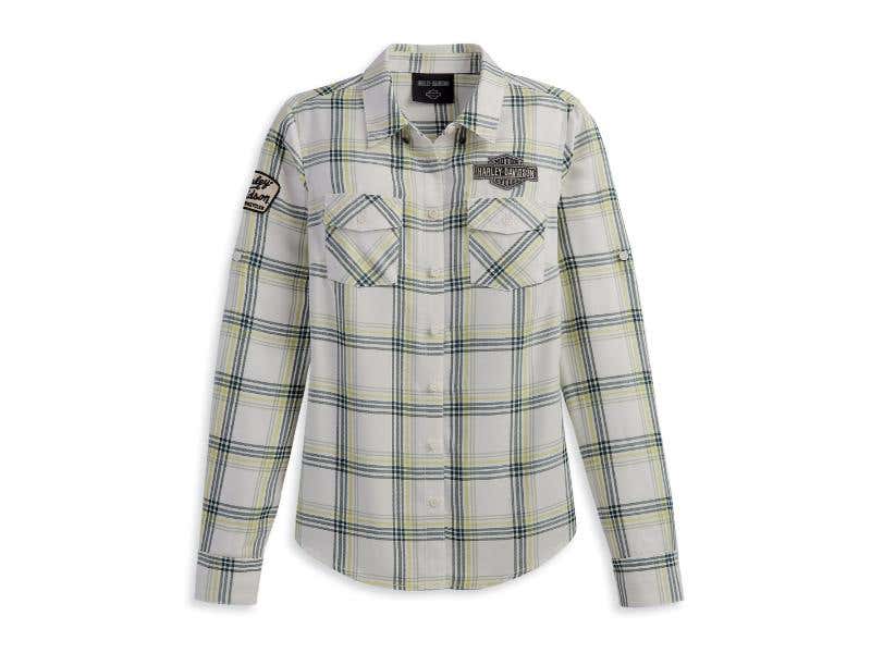 HARLEY-DAVIDSON WOMENS WOMENS GAS & OIL CONVERTIBLE SLEEVE SHIRT - YD PLAID - CLOUD DANCER