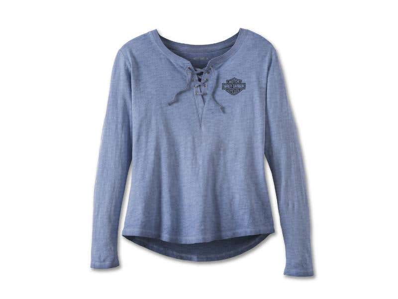 HARLEY-DAVIDSON WOMENS WOMENS THROTTLE LACE-UP KNIT TOP - COLONY BLUE