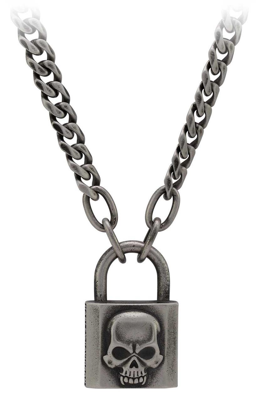 HARLEY-DAVIDSON MENS DEADLOCK SKULL PADLOCK CHAIN NECKLACE - STAINLESS STEEL