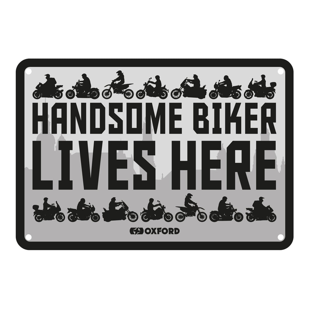 Oxford Garage Metal Sign: "Handsome Biker Lives Here"