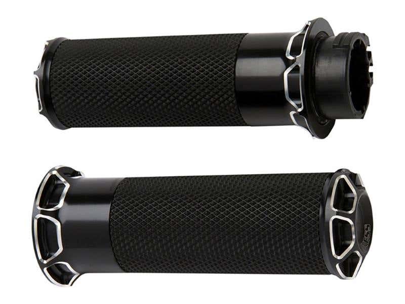 ARLEN NESS BEVELED FUSION HANDGRIPS - BLACK. FITS BIG TWIN 2008-2024 WITH THROTTLE-BY-WIRE