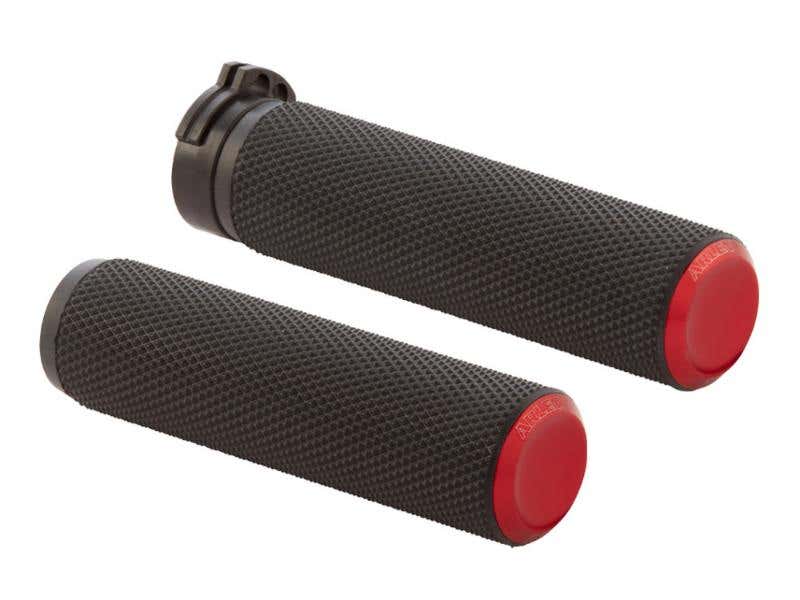 ARLEN NESS KNURLED FUSION HANDGRIPS - RED. FITS H-D WITH THROTTLE CABLE.
