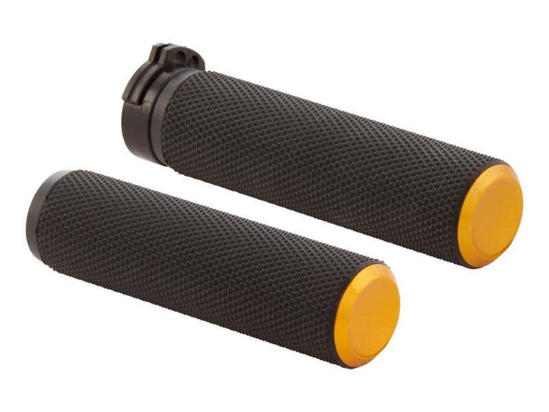 ARLEN NESS KNURLED FUSION HANDGRIPS - GOLD. FITS H-D WITH THROTTLE CABLE.