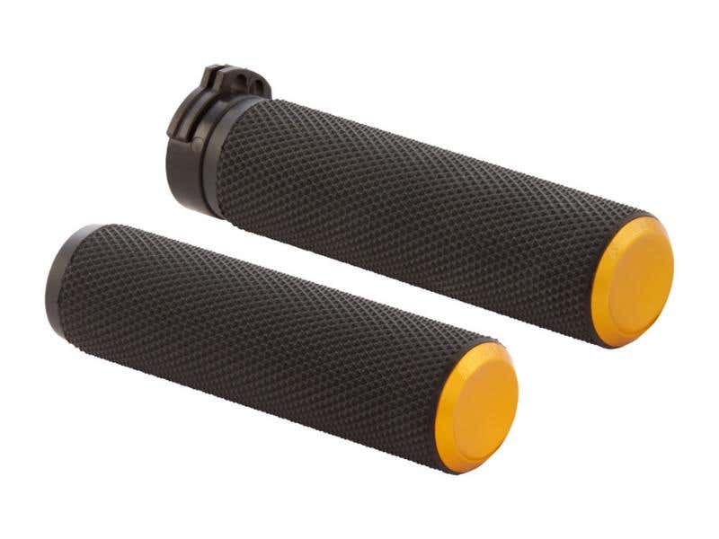 ARLEN NESS KNURLED FUSION HANDGRIPS - GOLD. FITS BIG TWIN 2008-2024 WITH THROTTLE-BY-WIRE