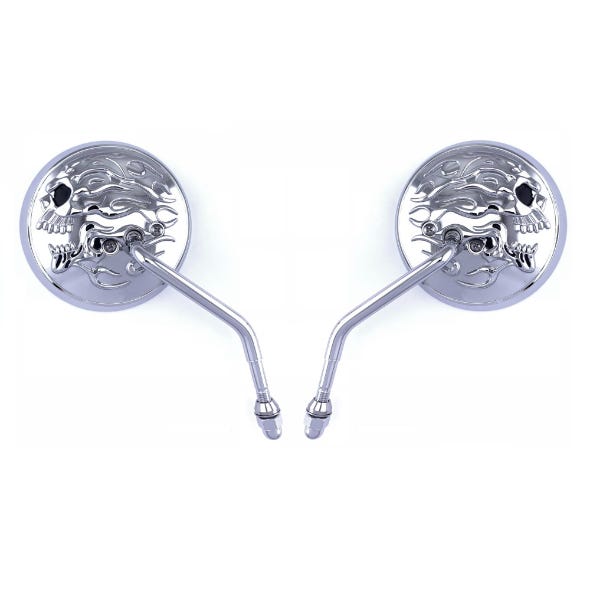 ROLLIES SPEED SHOP MIRROR ROUND 4 FLAMING SKULL CHR