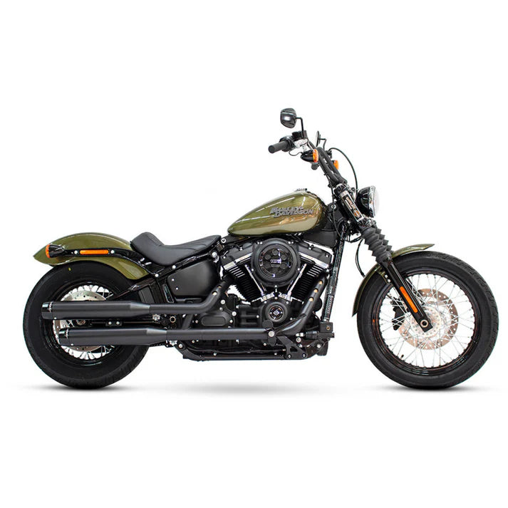 3-1/2in. Slip-On Mufflers - Black with Black Contrast Cut End Caps. Fits Softail Slim, Street Bob, Standard & Low Rider Models 2018-2024 & Breakout & Fat Boy 2018up - Rinehart Exhaust