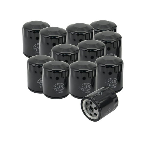 S&S CYCLE PERFORMANCE OIL FILTERS - BLACK. FITS SOFTAIL 1984-1999 SPORTSTER 1984-2021 FXR 1983-1994 TOURING 1980-1998 & BUELL 1995-2002. BOX OF 12.