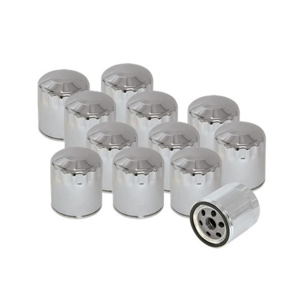 S&S CYCLE PERFORMANCE OIL FILTERS - CHROME. FITS SOFTAIL 1984-1999 SPORTSTER 1984-2021 FXR 1983-1994 TOURING 1980-1998 & BUELL 1995-2002. BOX OF 12.