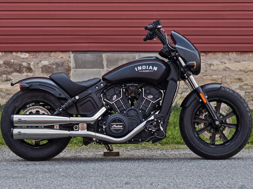 S&S CYCLE PERFORMANCE 4IN. GRAND NATIONAL SLIP-ON MUFFLERS - CHROME WITH BLACK END CAPS. FITS INDIAN SCOUT 2015UP.