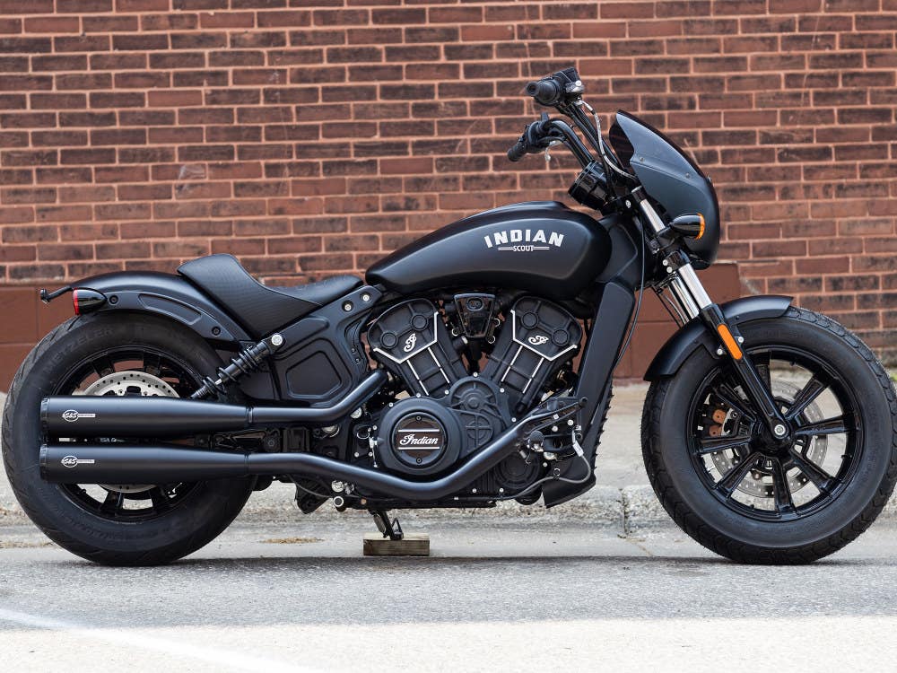 S&S CYCLE PERFORMANCE 4IN. GRAND NATIONAL SLIP-ON MUFFLERS - BLACK WITH BLACK END CAPS. FITS INDIAN SCOUT 2015-2024