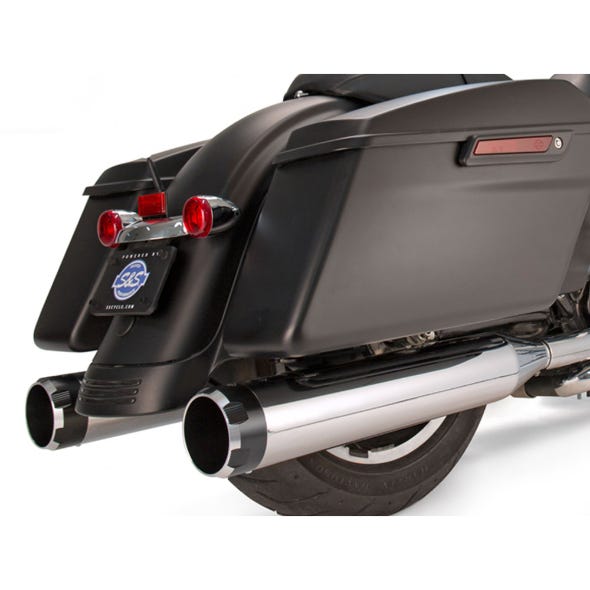 S&S CYCLE PERFORMANCE 4-1/2IN. MK45 SLIP-ON MUFFLERS - CHROME WITH BLACK THRUSTER END CAPS. FITS TOURING 1995-2016.
