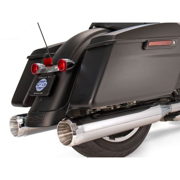 S&S CYCLE PERFORMANCE 4-1/2IN. MK45 SLIP-ON MUFFLERS - CHROME WITH CHROME THRUSTER END CAPS. FITS TOURING 1995-2016.
