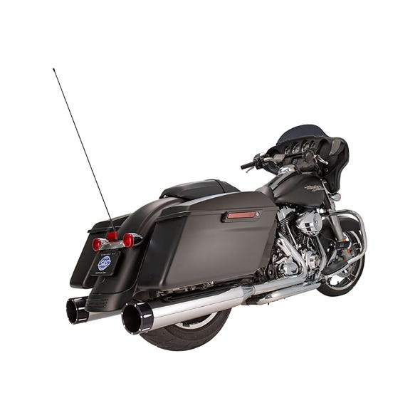 S&S CYCLE PERFORMANCE 4-1/2IN. MK45 SLIP-ON MUFFLERS - CHROME WITH BLACK TRACER END CAPS. FITS TOURING 1995-2016.