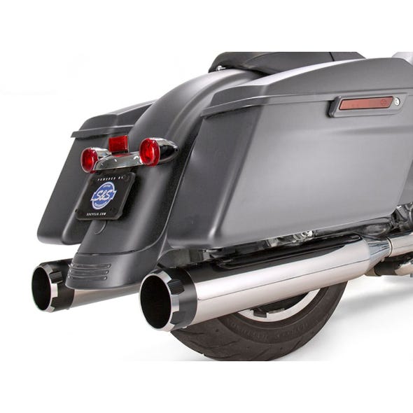S&S CYCLE PERFORMANCE 4-1/2IN. MK45 SLIP-ON MUFFLERS - CHROME WITH BLACK THRUSTER END CAPS. FITS TOURING 2017UP.