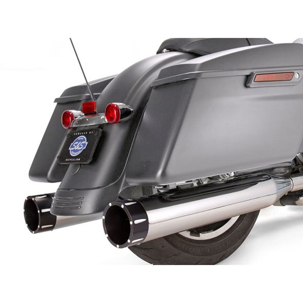 S&S CYCLE PERFORMANCE 4-1/2IN. MK45 SLIP-ON MUFFLERS - CHROME WITH BLACK TRACER END CAPS. FITS TOURING 2017UP.