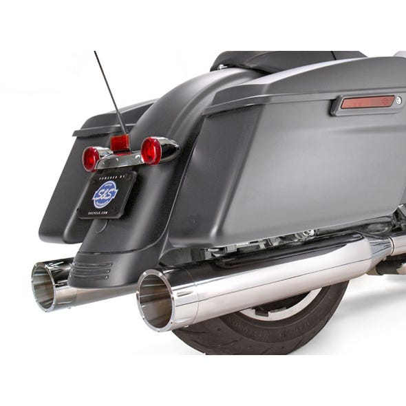 S&S CYCLE PERFORMANCE 4-1/2IN. MK45 SLIP-ON MUFFLERS - CHROME WITH CHROME TRACER END CAPS. FITS TOURING 2017UP.
