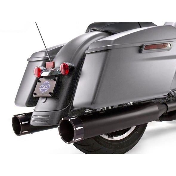 S&S CYCLE PERFORMANCE 4-1/2IN. MK45 SLIP-ON MUFFLERS - BLACK WITH BLACK TRACER END CAPS. FITS TOURING 2017UP.