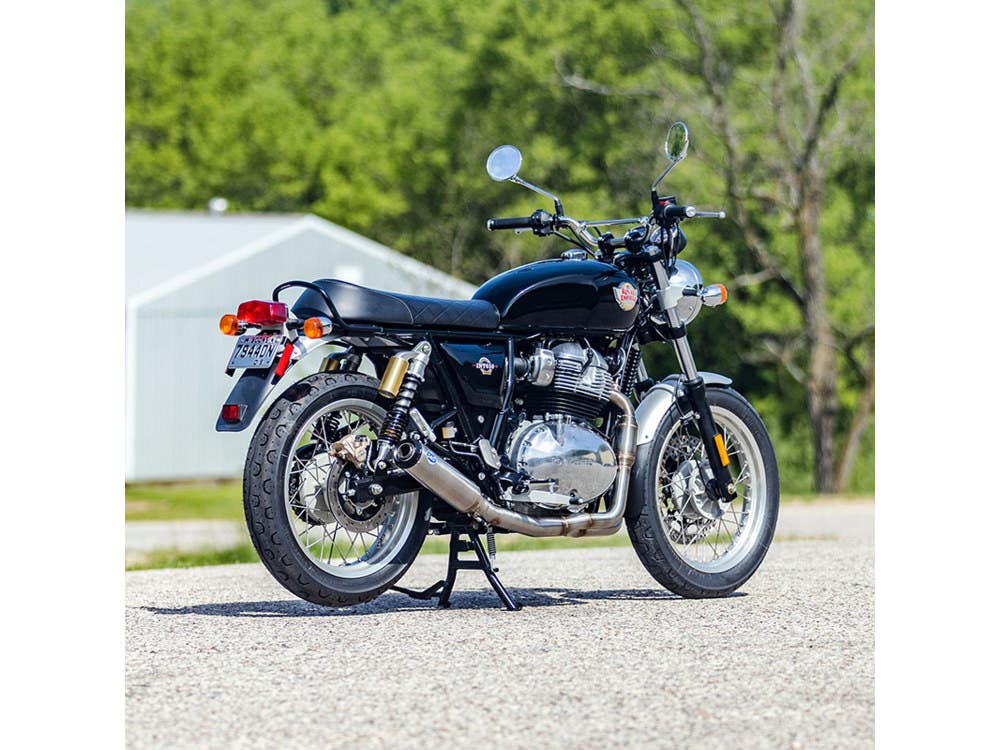 S&S CYCLE PERFORMANCE 2-INTO-1 QUALIFER RACE EXHAUST - STAINLESS STEEL WITH BLACK END CAP. FITS ROYAL ENFIELD 650 TWINS 2019UP