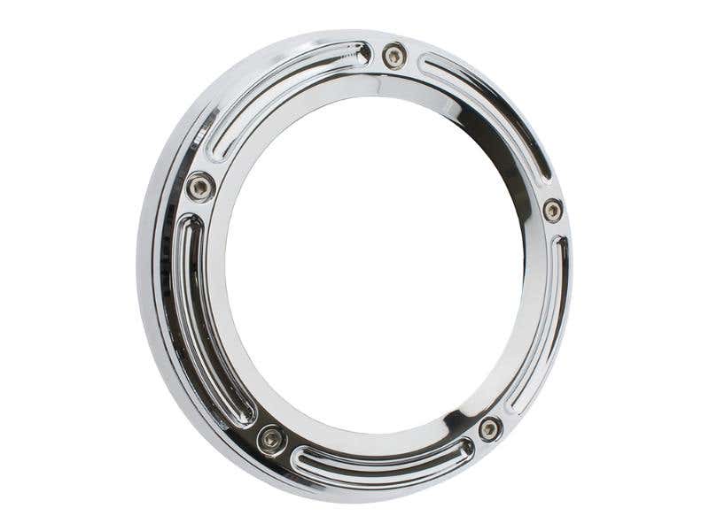 TRASK PERFORMANCE ASSAULT CLEAR DERBY COVER - CHROME. FITS SOFTAIL 1999-2018 DYNA 1999-2017 & TOURING 1999-2015.