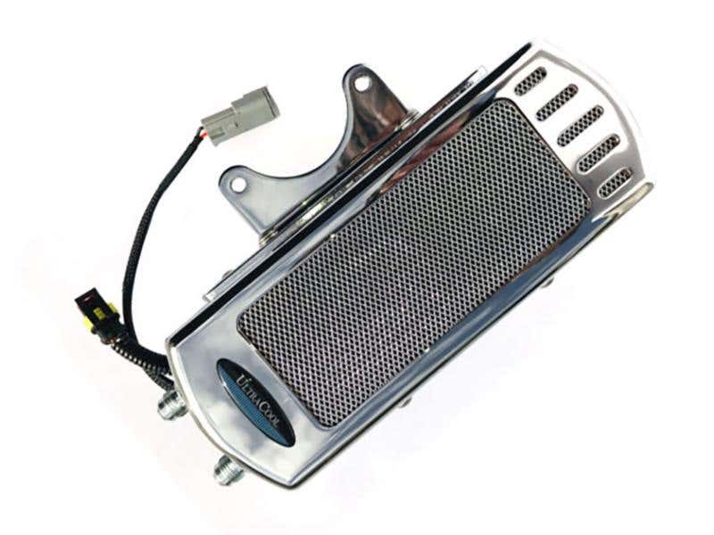 ULTRA COOL OIL COOLERS FAN ASSISTED SIDE MOUNT OIL COOLER KIT - CHROME. FITS SOFTAIL 1985-2017