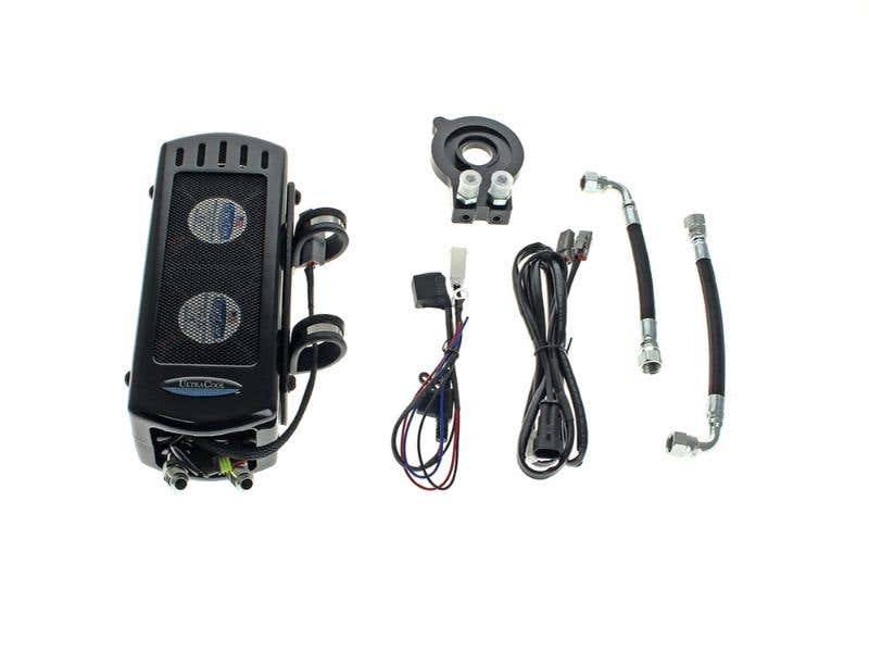 ULTRA COOL OIL COOLERS FAN ASSISTED SIDE MOUNT OIL COOLER KIT - GLOSS BLACK. FITS SOFTAIL 2018UP WITH NO CRASH BAR/ENGINE GUARD