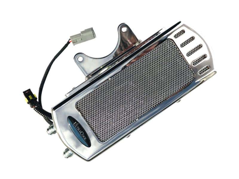 ULTRA COOL OIL COOLERS FAN ASSISTED SIDE MOUNT OIL COOLER KIT - CHROME. FITS TOURING 2017UP WITH HARLEY-DAVIDSON FULL SIZE ENGINE GUARD