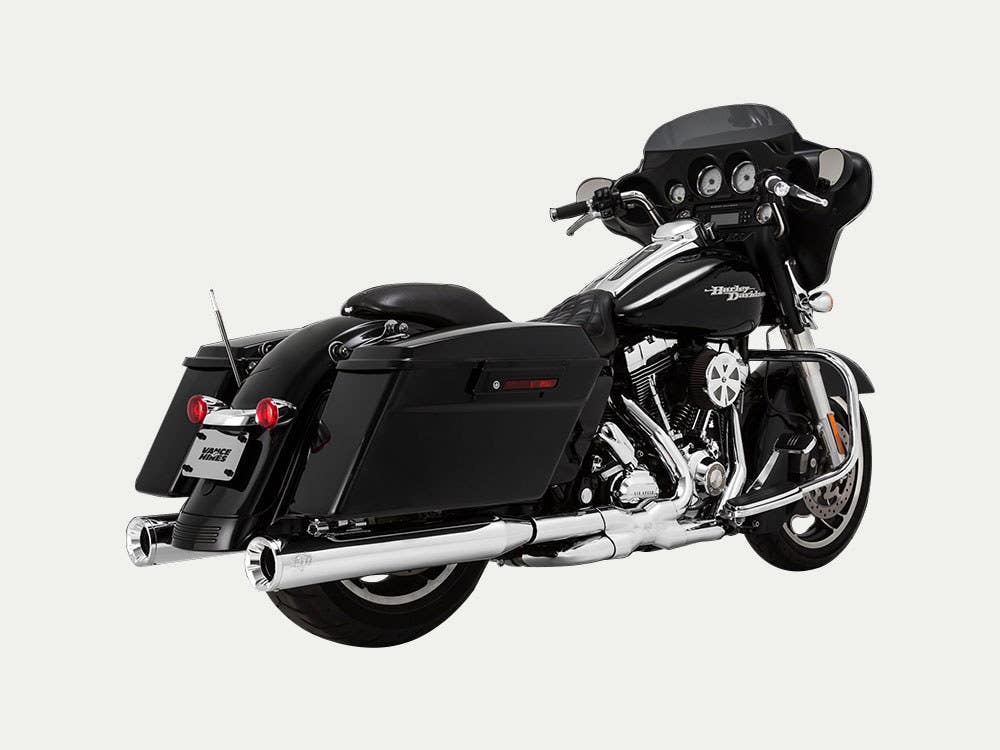 VANCE AND HINES 4IN. ELIMINATOR 400 SLIP-ON MUFFLERS - CHROME WITH CHROME END CAPS. FITS TOURING 1995-2016 & TRIKE 2017-2020.