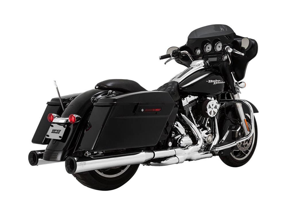 VANCE AND HINES 4IN. ELIMINATOR 400 SLIP-ON MUFFLERS - CHROME WITH BLACK END CAPS. FITS TOURING 1995-2016 & TRIKE 2017-2020.
