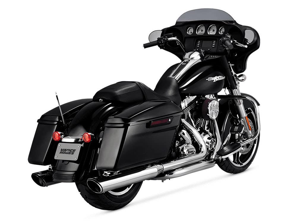VANCE AND HINES 4IN. TWIN SLASH ROUND SLIP-ON MUFFLERS - CHROME. FITS TOURING 1995-2016 & TRIKE 2017-2020