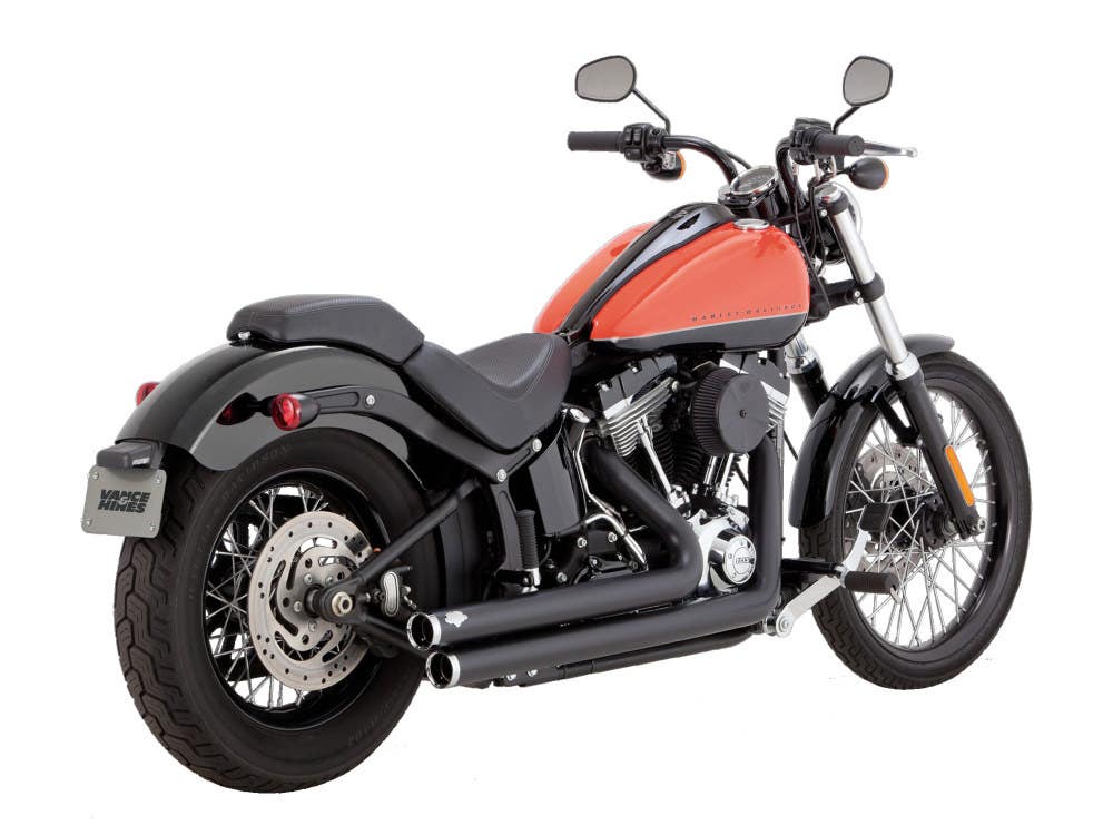 VANCE AND HINES BIG SHOTS STAGGERED EXHAUST - BLACK. FITS SOFTAIL 1986-2017 NON-240 TYRE MODELS