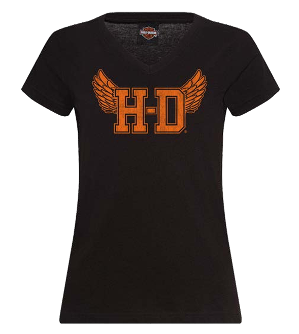 Harley-Davidson Women’s Collegiate V-Neck Tee – Black | Exclusive Joe Rascal Back Print