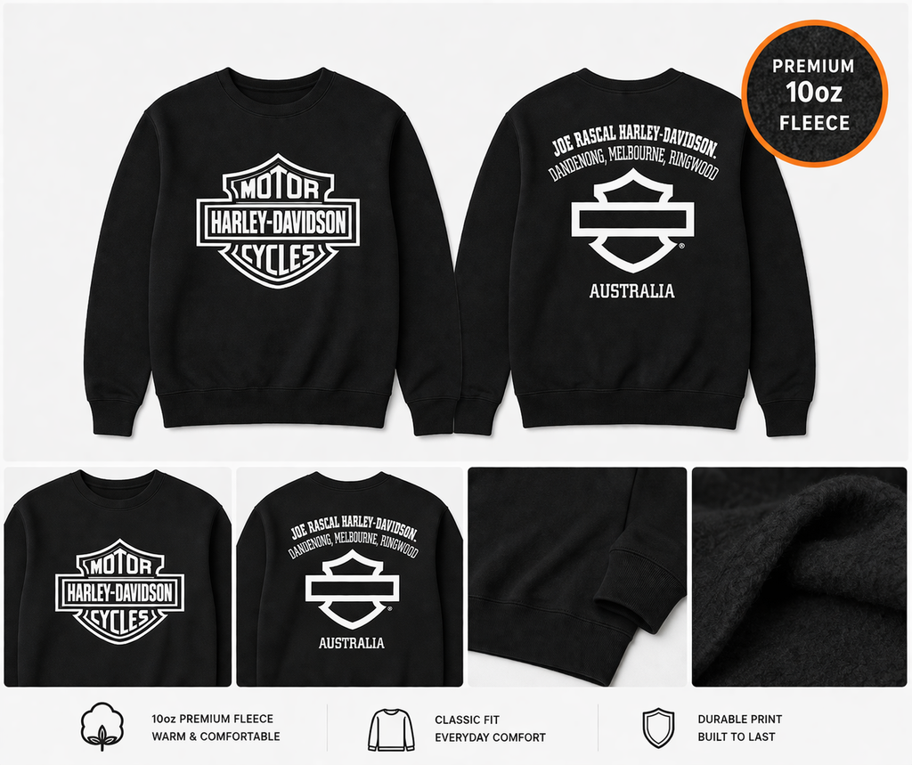 Harley-Davidson Men’s Bar & Shield Crewneck – Black | 10oz Premium Fleece | Exclusive Joe Rascal Back Print