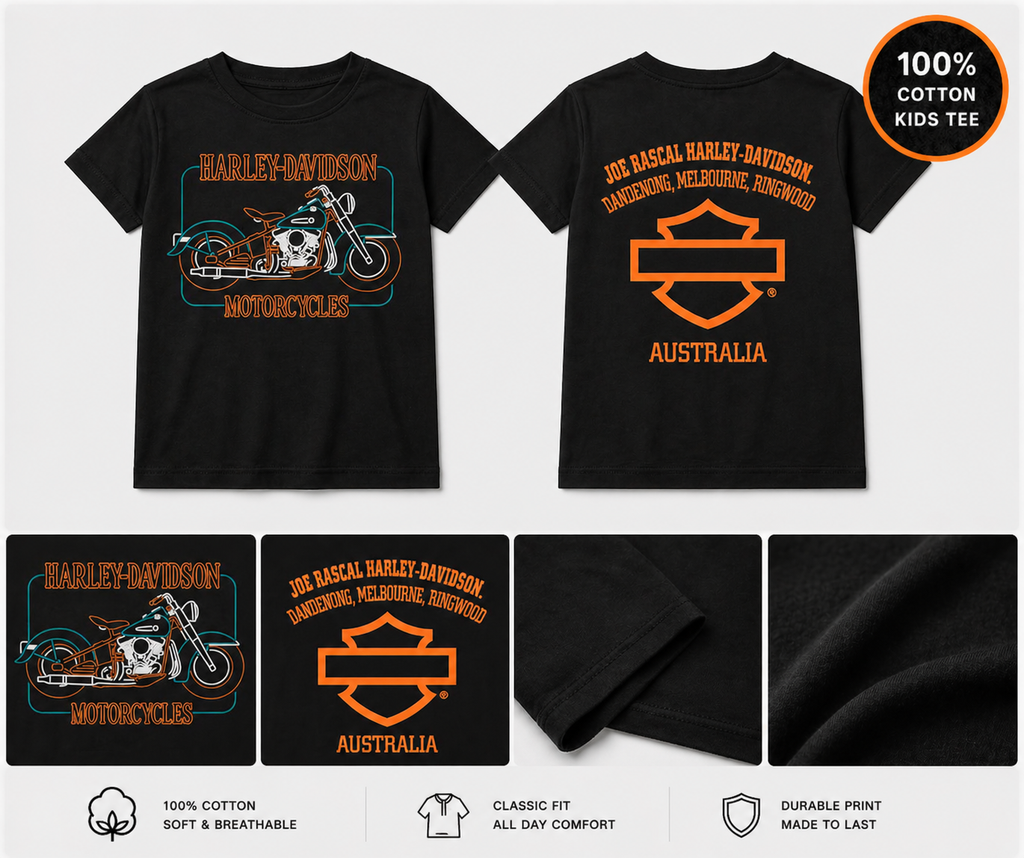 Harley-Davidson Youth Glow Tee – Black | Neon Bike Graphic