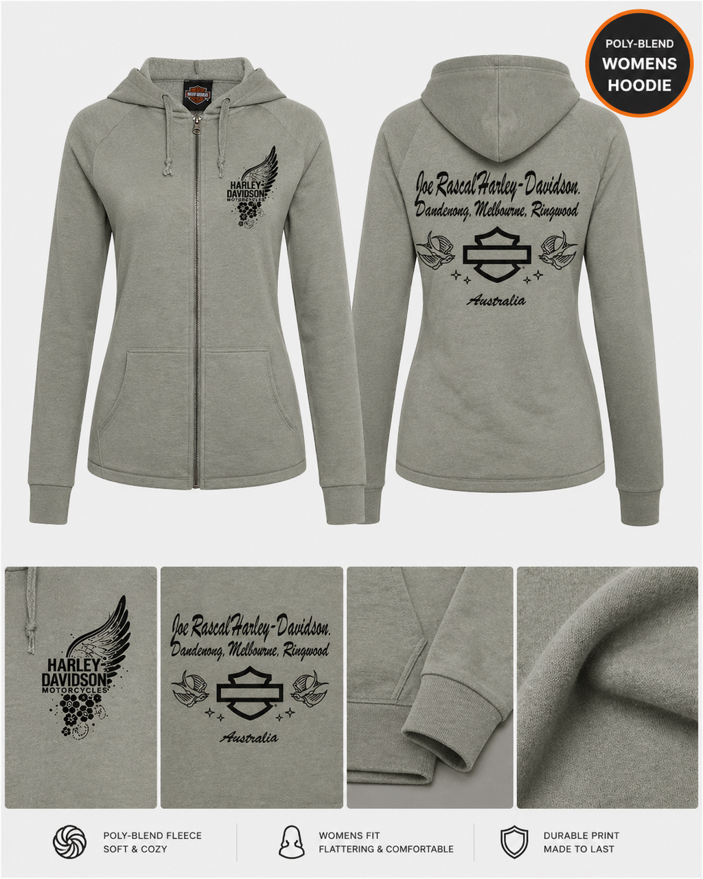 Harley-Davidson Women’s Virtuous Zip Hoodie – Sage | Exclusive Joe Rascal Back Print